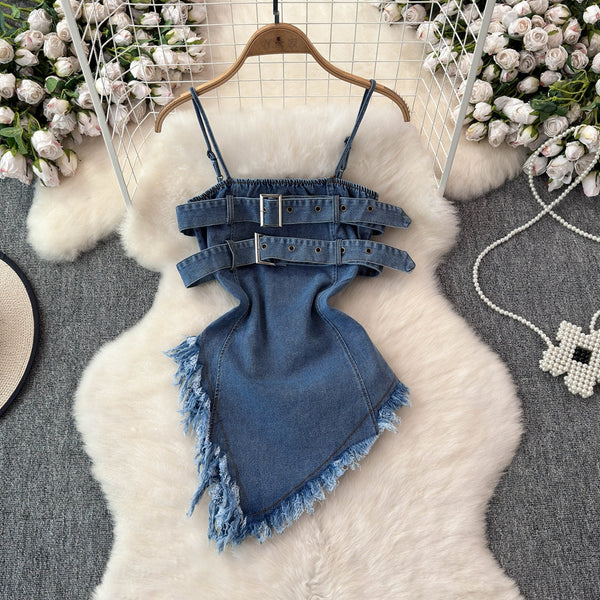 Düzensiz Tasarım Kabarık Denim Sıfır Yaka Bluz