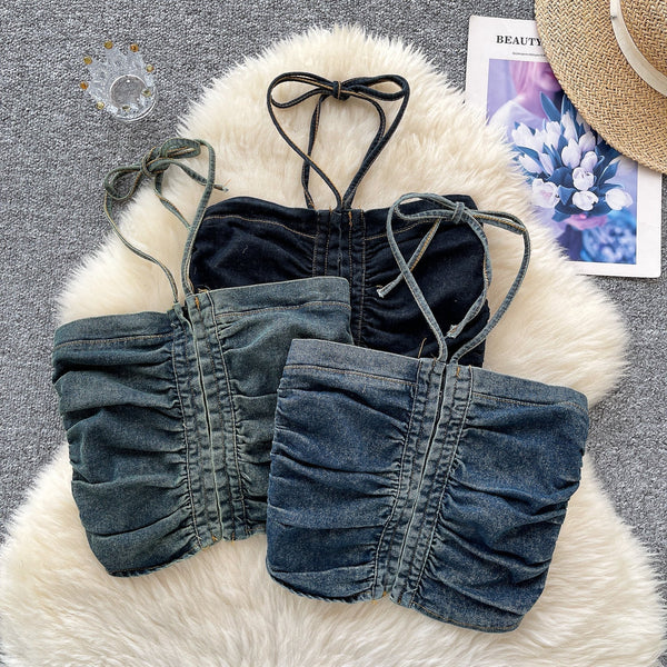 Vintage Denim Plise Askılı Üst