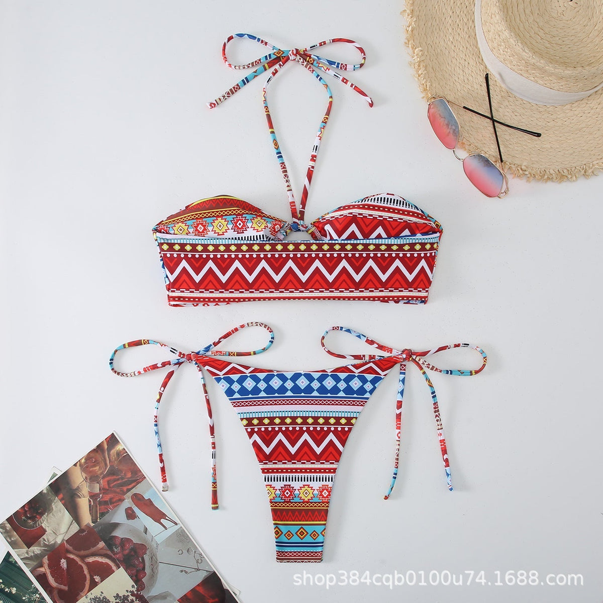 Baskılı Antik Stil Askılı Asılı Boyun Bikini