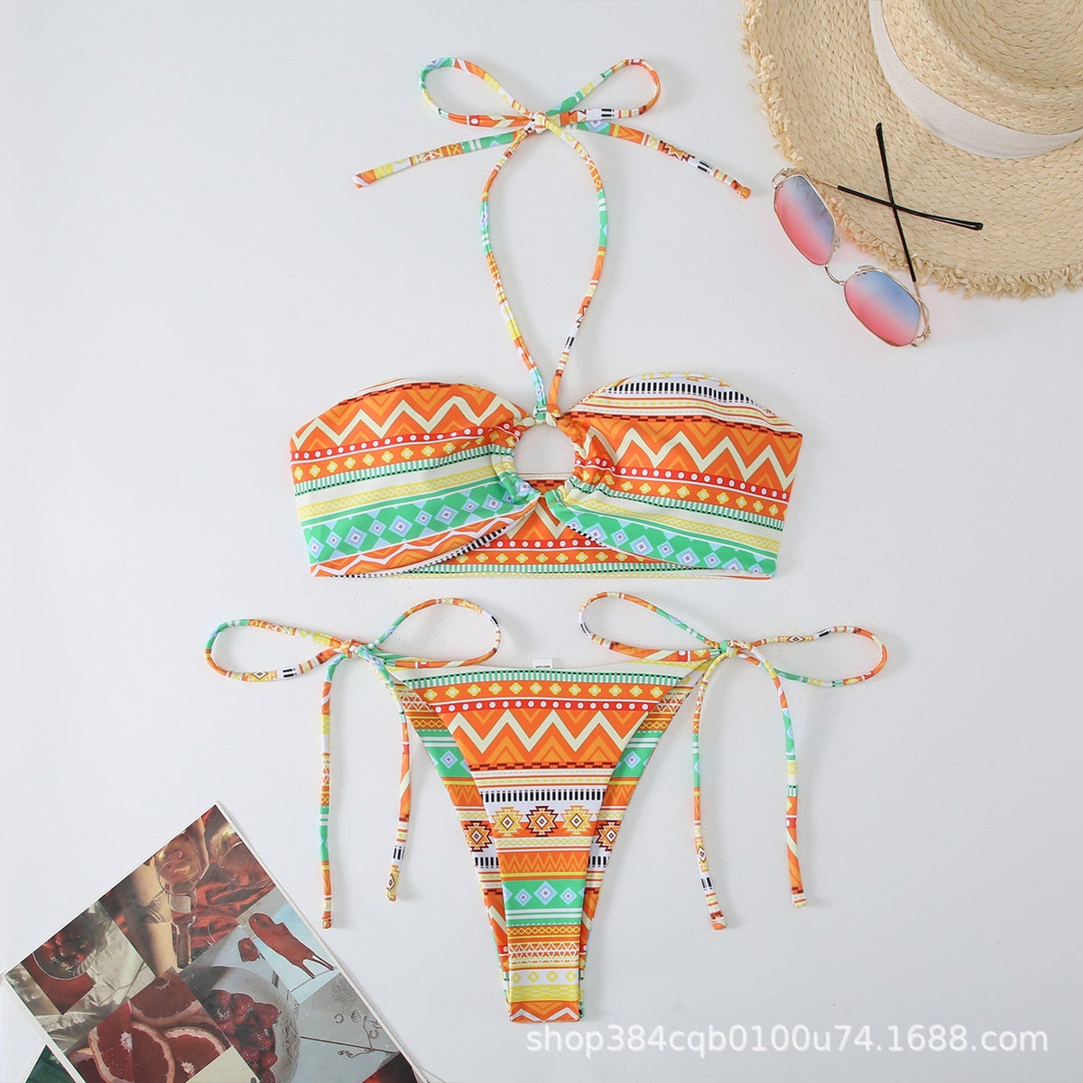Baskılı Antik Stil Askılı Asılı Boyun Bikini