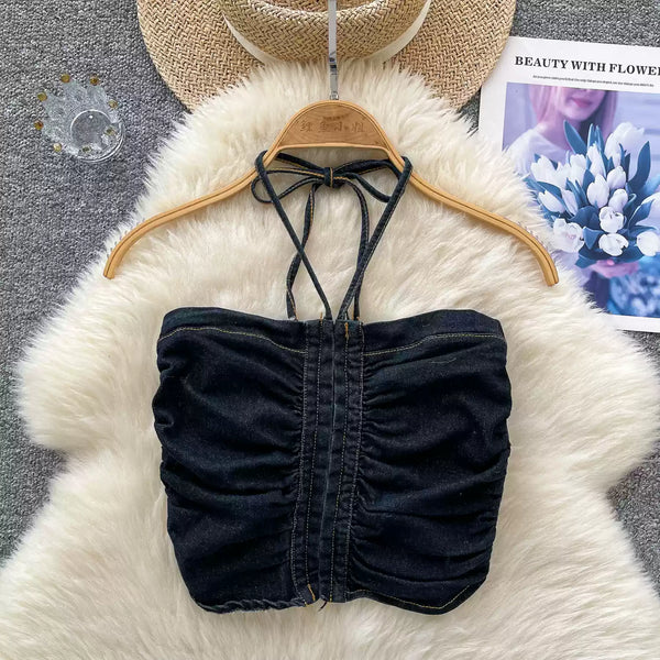 Vintage Denim Plise Askılı Üst