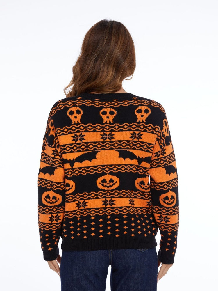 Halloween Balkabağı Desenli Yuvarlak Yaka Triko Kazak