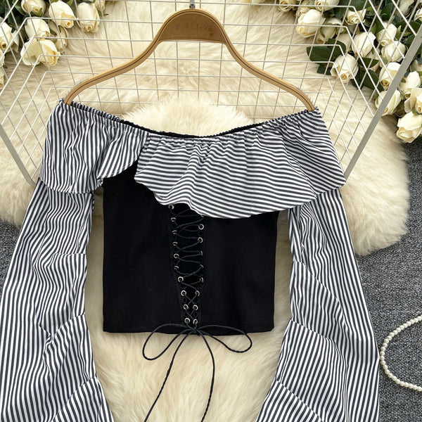 Omuz Açık Çizgili Patchwork Üst