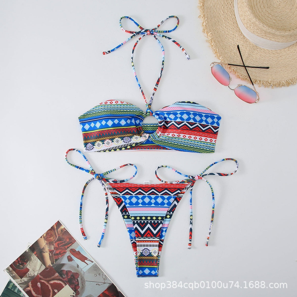 Baskılı Antik Stil Askılı Asılı Boyun Bikini