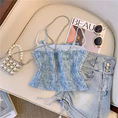 Katmanlı Fiyonk Denim Mavi Askılı Bluz