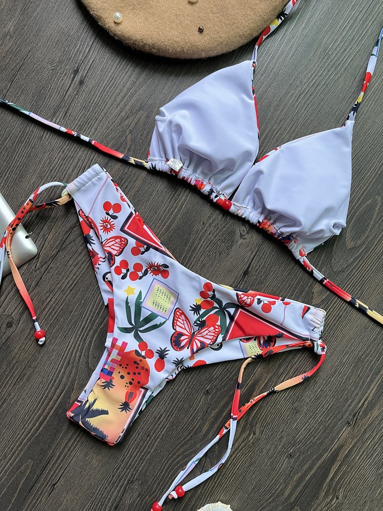 Baskılı Üçgen Bağlama İpli Üç Noktalı Bikini