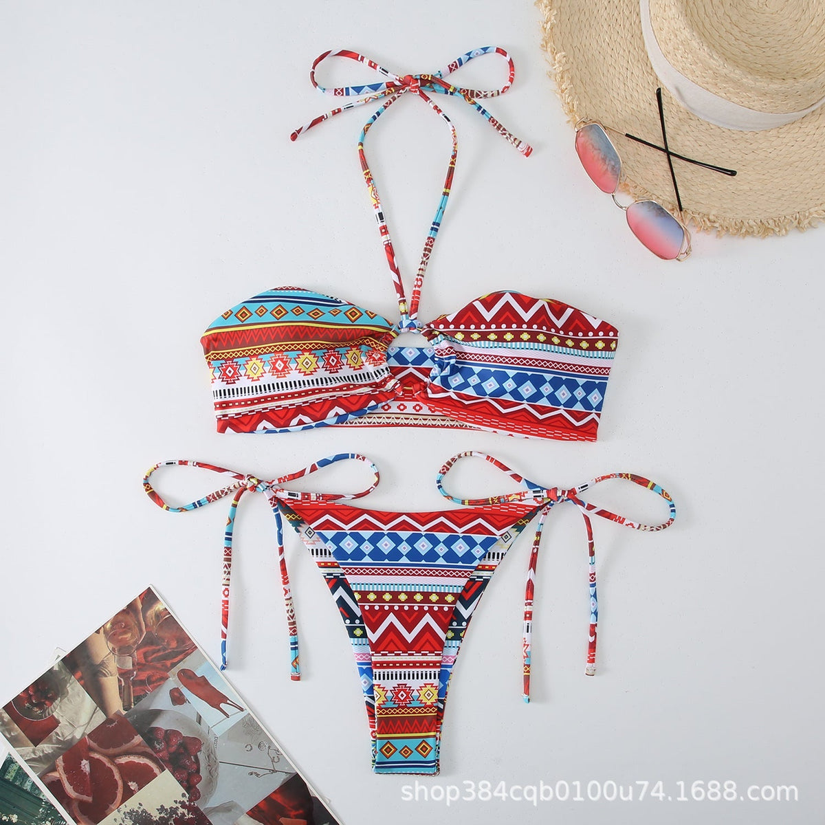 Baskılı Antik Stil Askılı Asılı Boyun Bikini