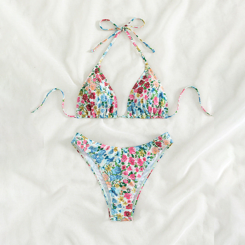 Çiçek Desenli Split Üçgen Spa Bikini