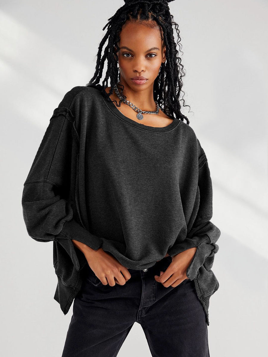 Yuvarlak Yaka Bol Kesim Yıpranmış Sweatshirt