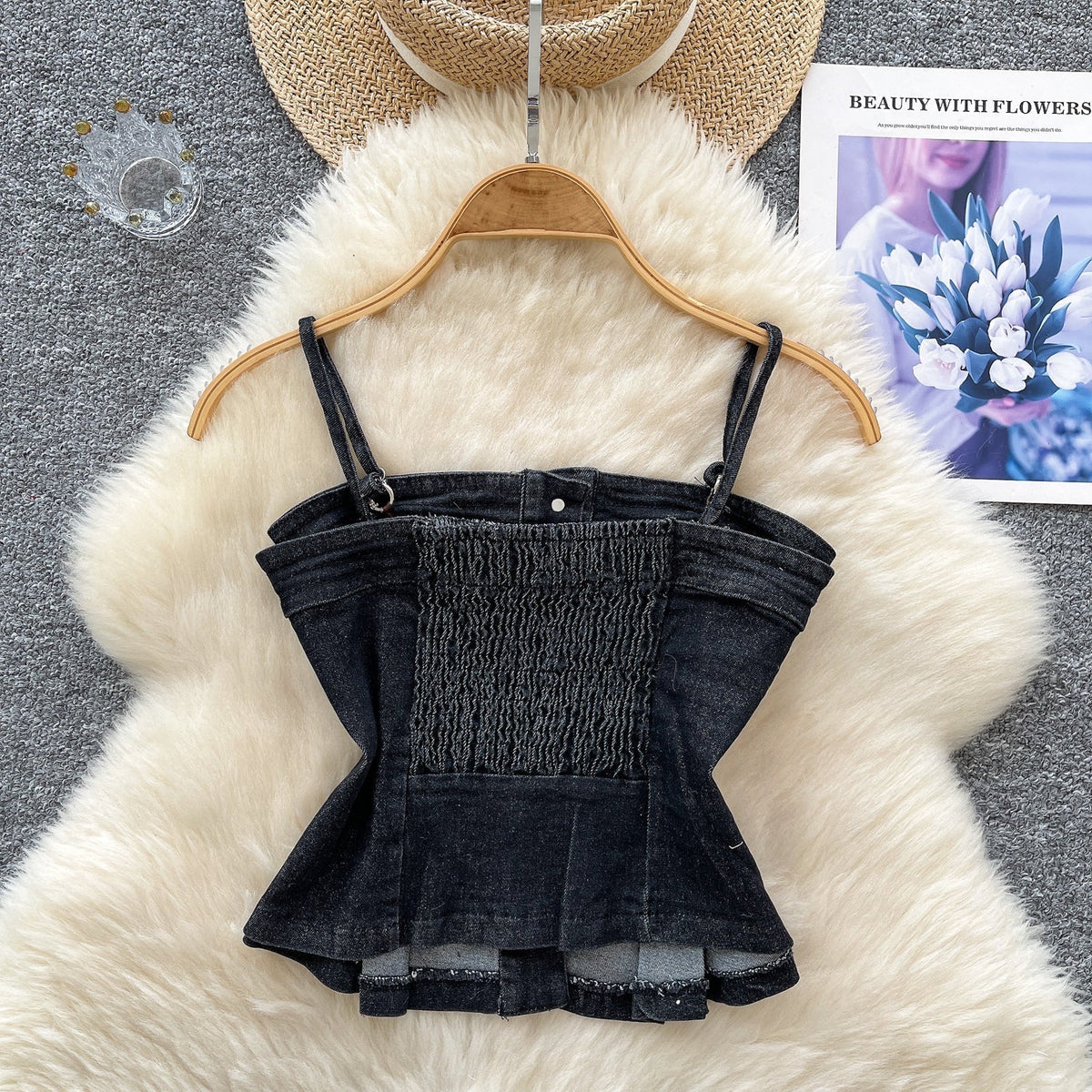 Kore Tarzı Niş Denim Askılı Tişört