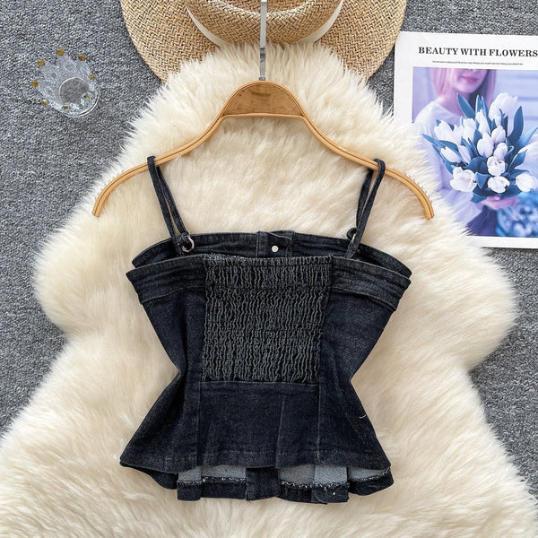 Kore Tarzı Niş Denim Askılı Tişört