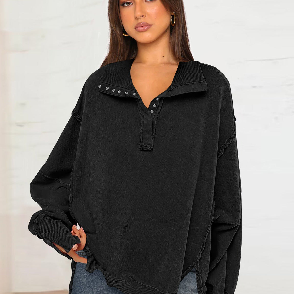Oversize Yaka Kesik Sweatshirt