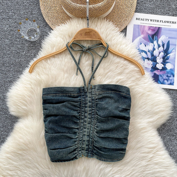 Vintage Denim Plise Askılı Üst