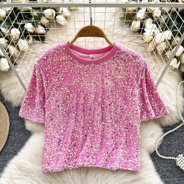 Crew Neck Payetli Kısa Tişört