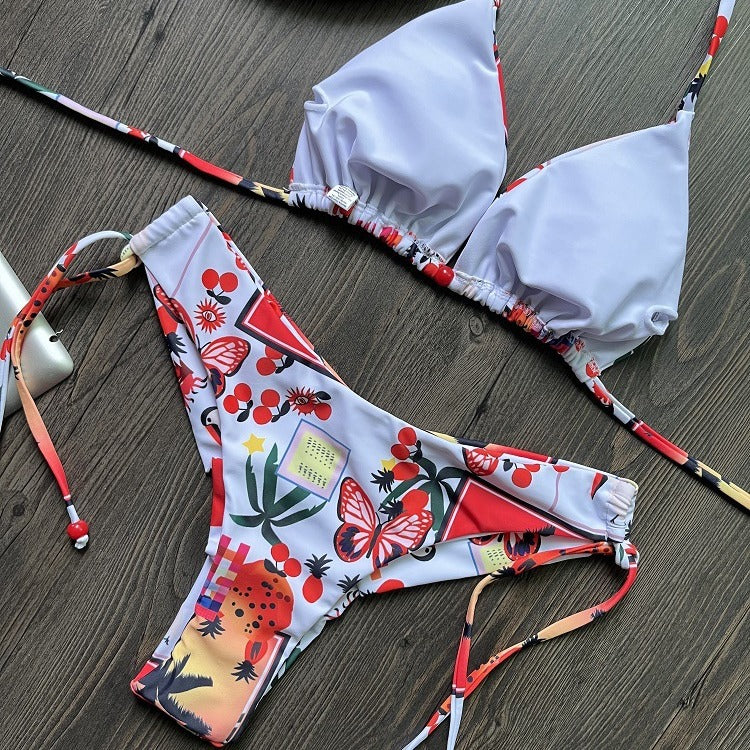 Baskılı Üçgen Bağlama İpli Üç Noktalı Bikini