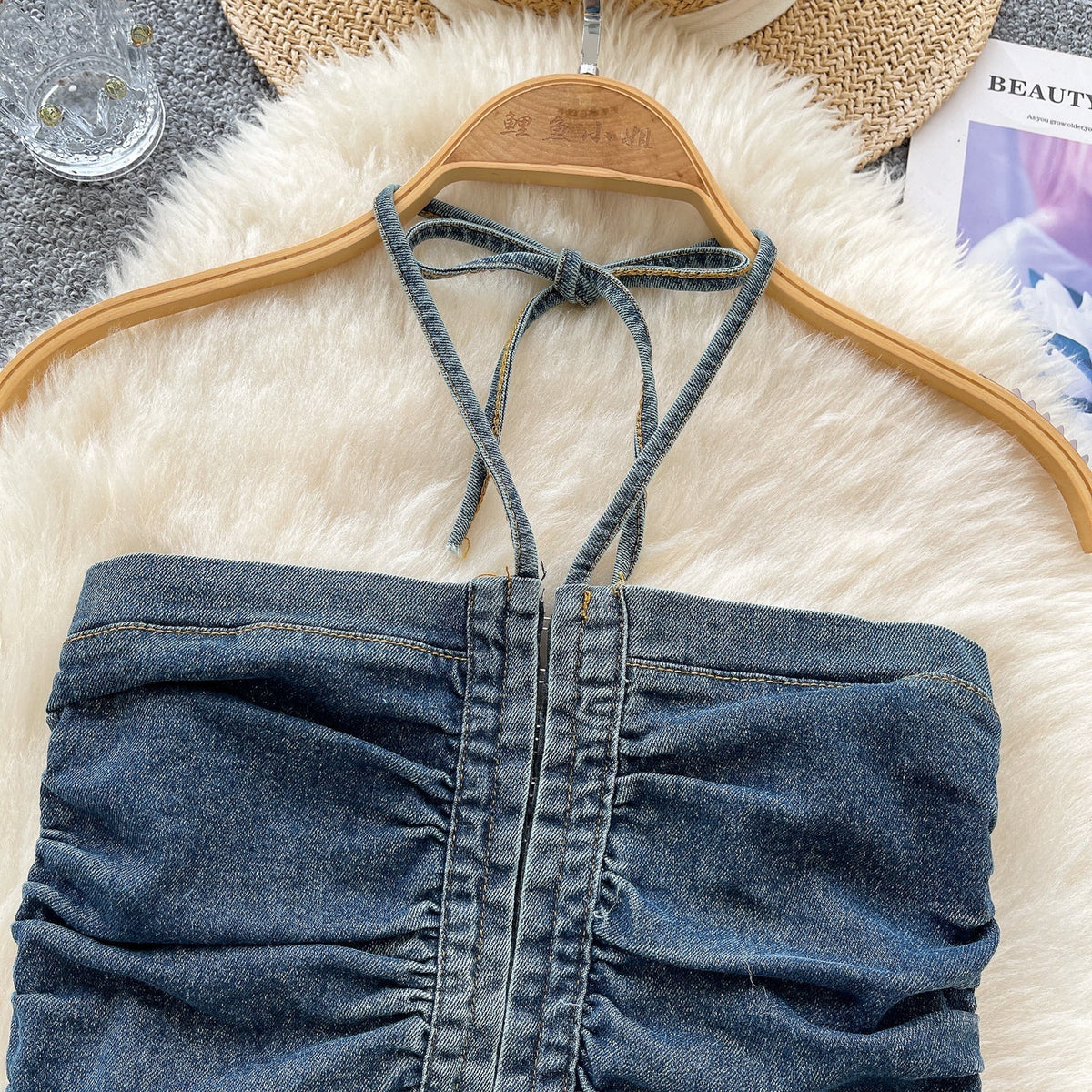 Vintage Denim Plise Askılı Üst