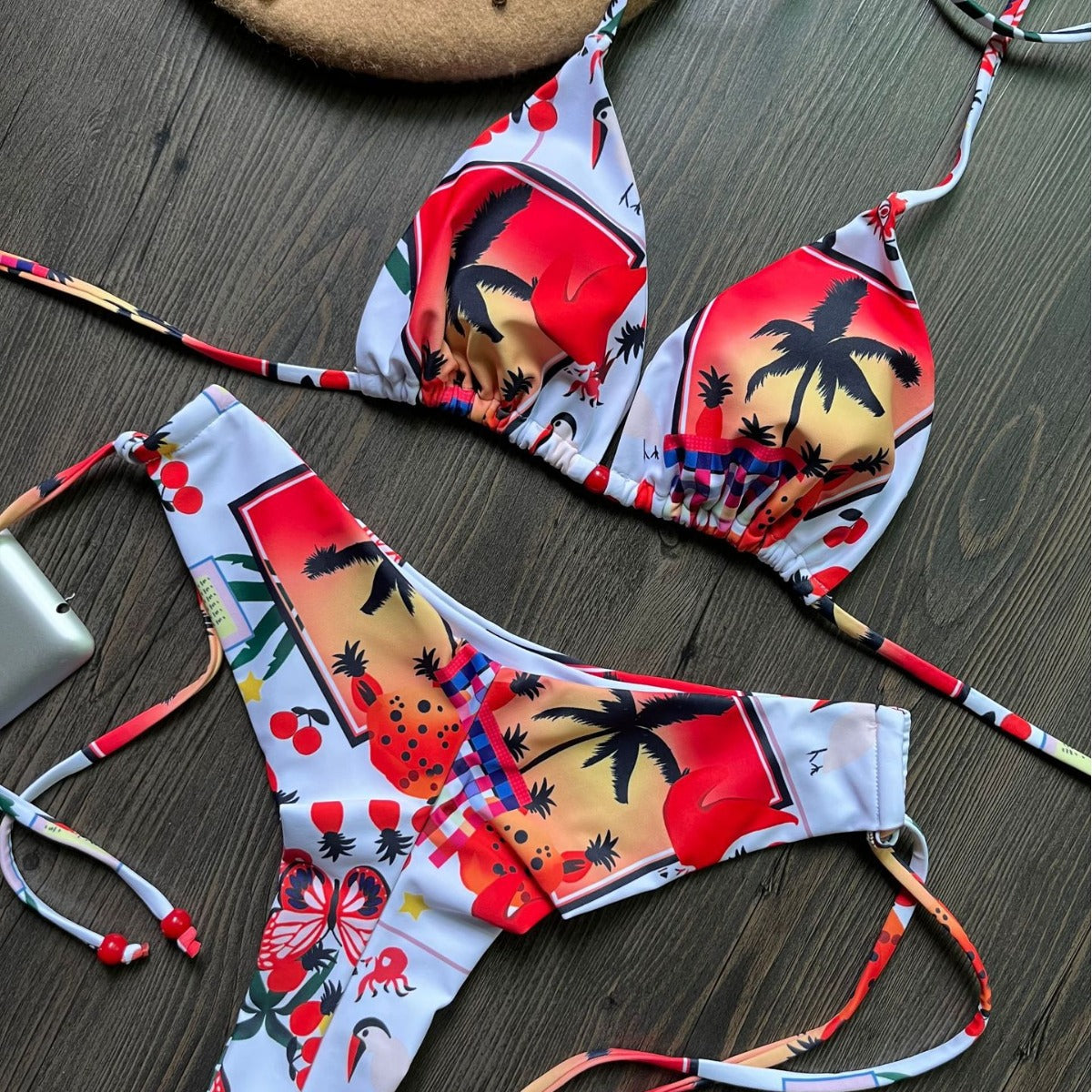 Baskılı Üçgen Bağlama İpli Üç Noktalı Bikini