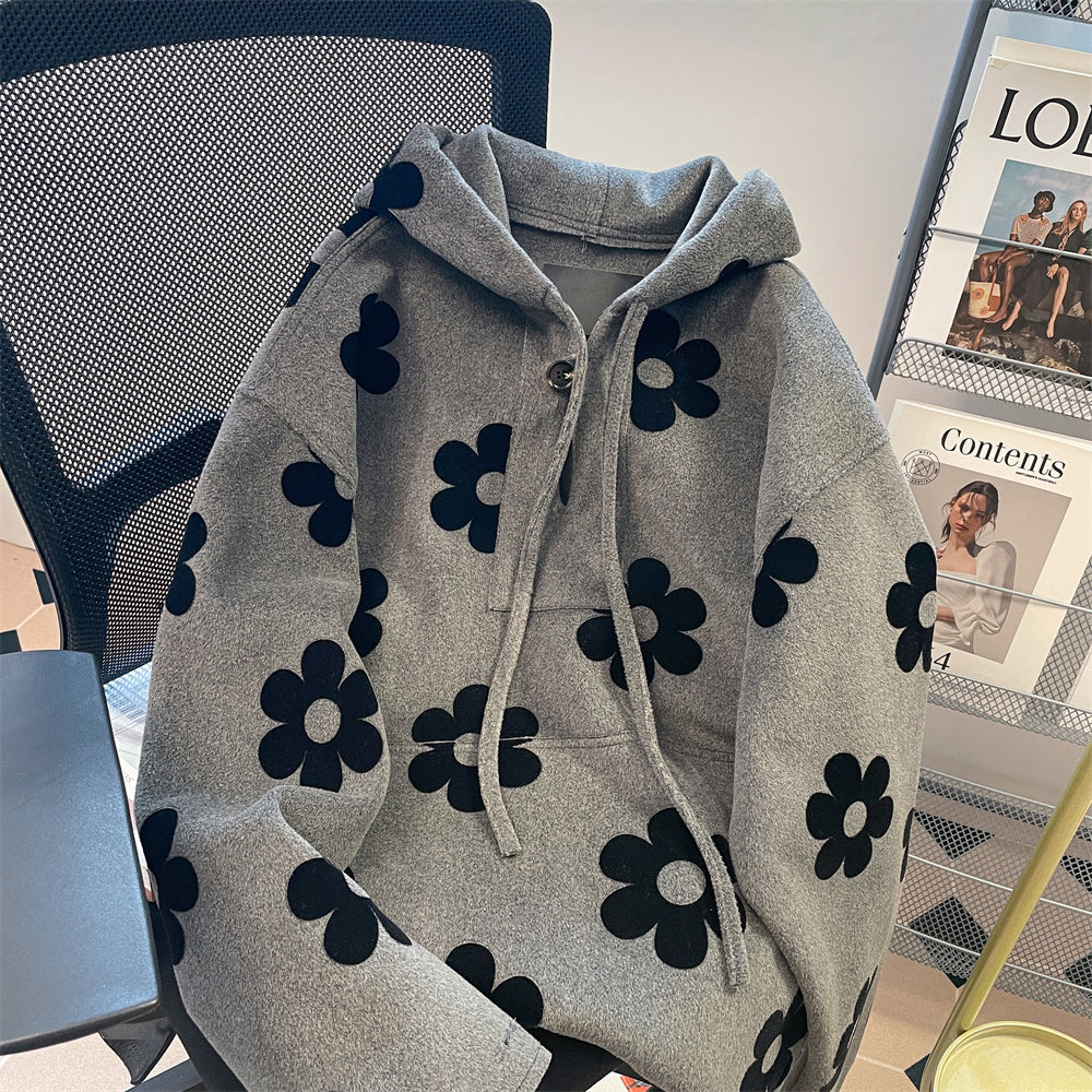 Siyah Çiçekli Gri Lambswool Kapüşonlu Sweatshirt