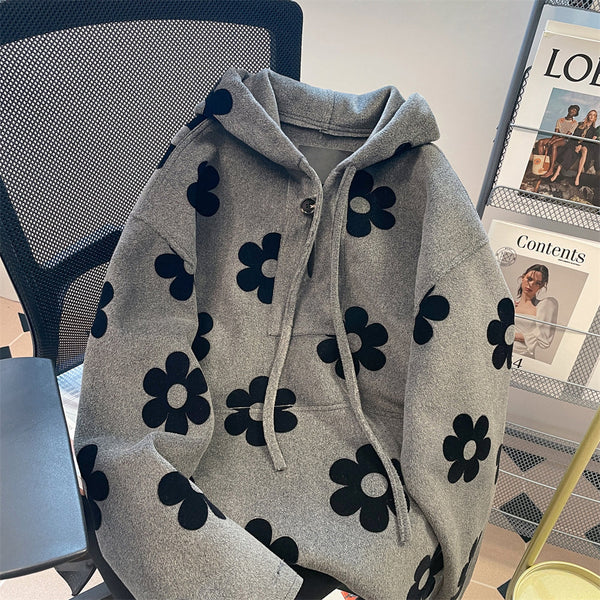 Siyah Çiçekli Gri Lambswool Kapüşonlu Sweatshirt
