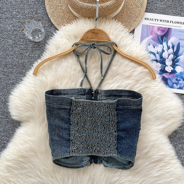 Vintage Denim Plise Askılı Üst
