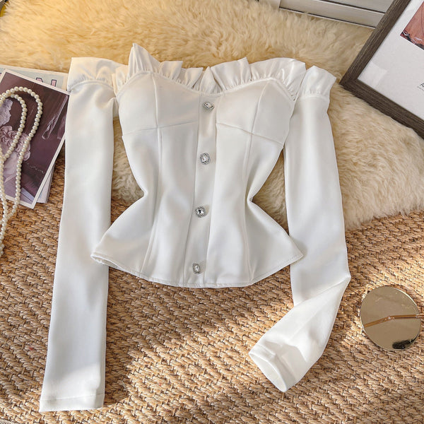 Niş Off-shoulder Rhinestone Düğmeli Üst