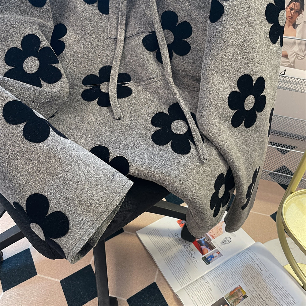 Siyah Çiçekli Gri Lambswool Kapüşonlu Sweatshirt