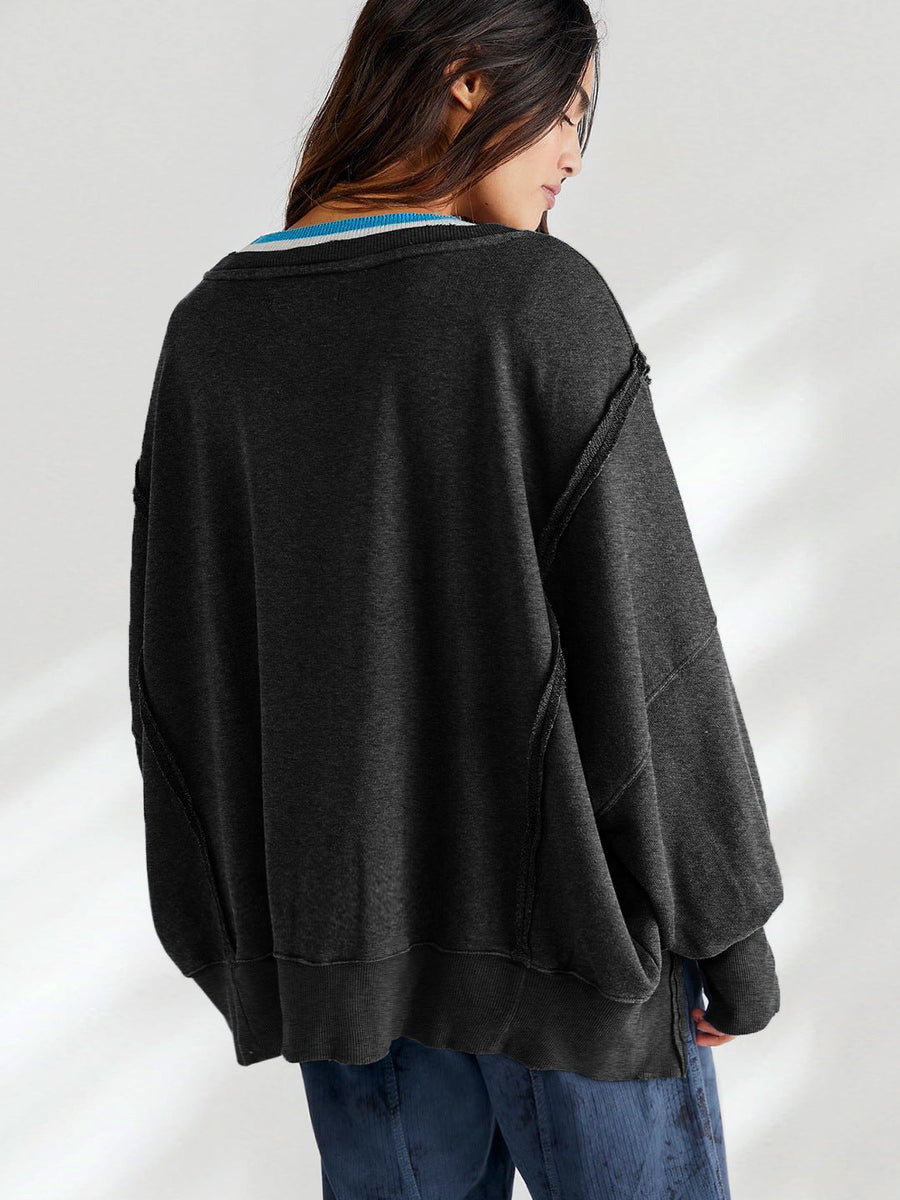 Yuvarlak Yaka Bol Kesim Yıpranmış Sweatshirt