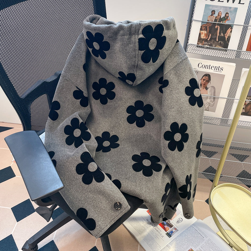 Siyah Çiçekli Gri Lambswool Kapüşonlu Sweatshirt