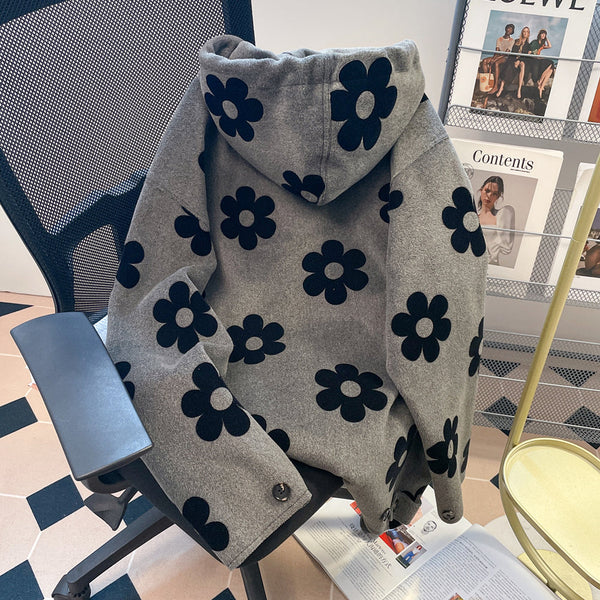 Siyah Çiçekli Gri Lambswool Kapüşonlu Sweatshirt