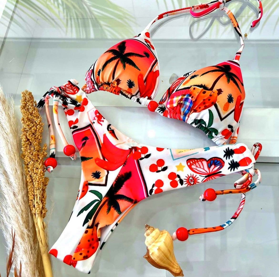 Baskılı Üçgen Bağlama İpli Üç Noktalı Bikini