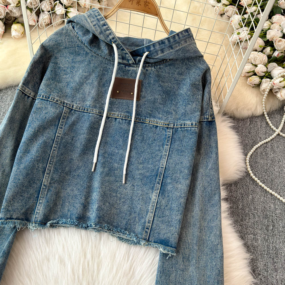 Şık Yıpranmış Denim Kapüşonlu Sweatshirt