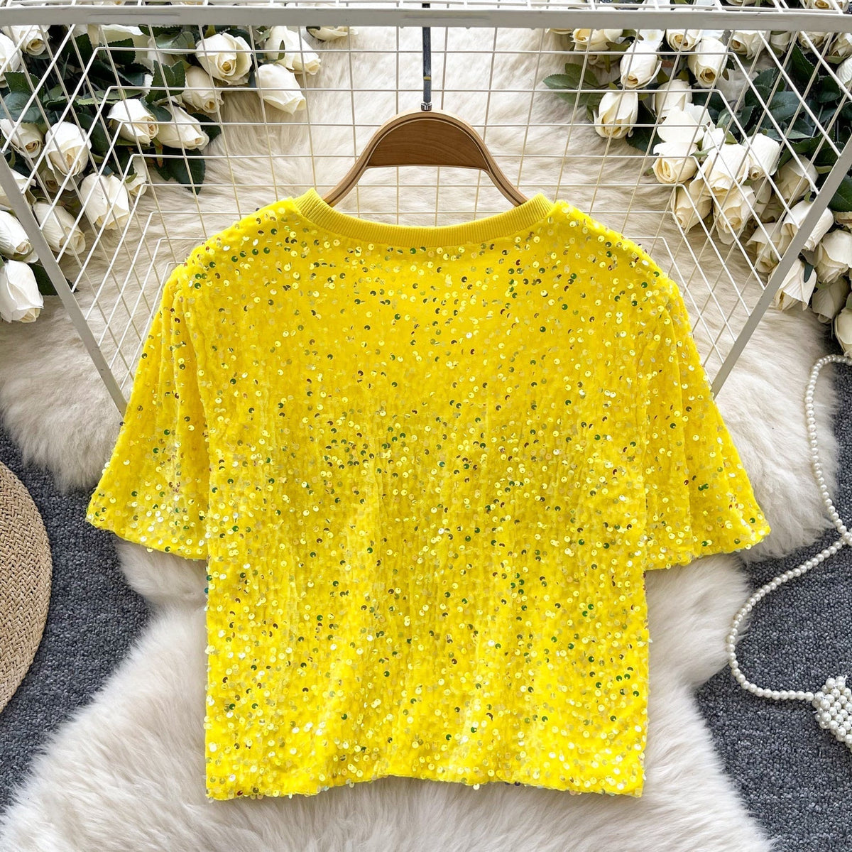Crew Neck Payetli Kısa Tişört
