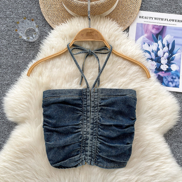 Vintage Denim Plise Askılı Üst