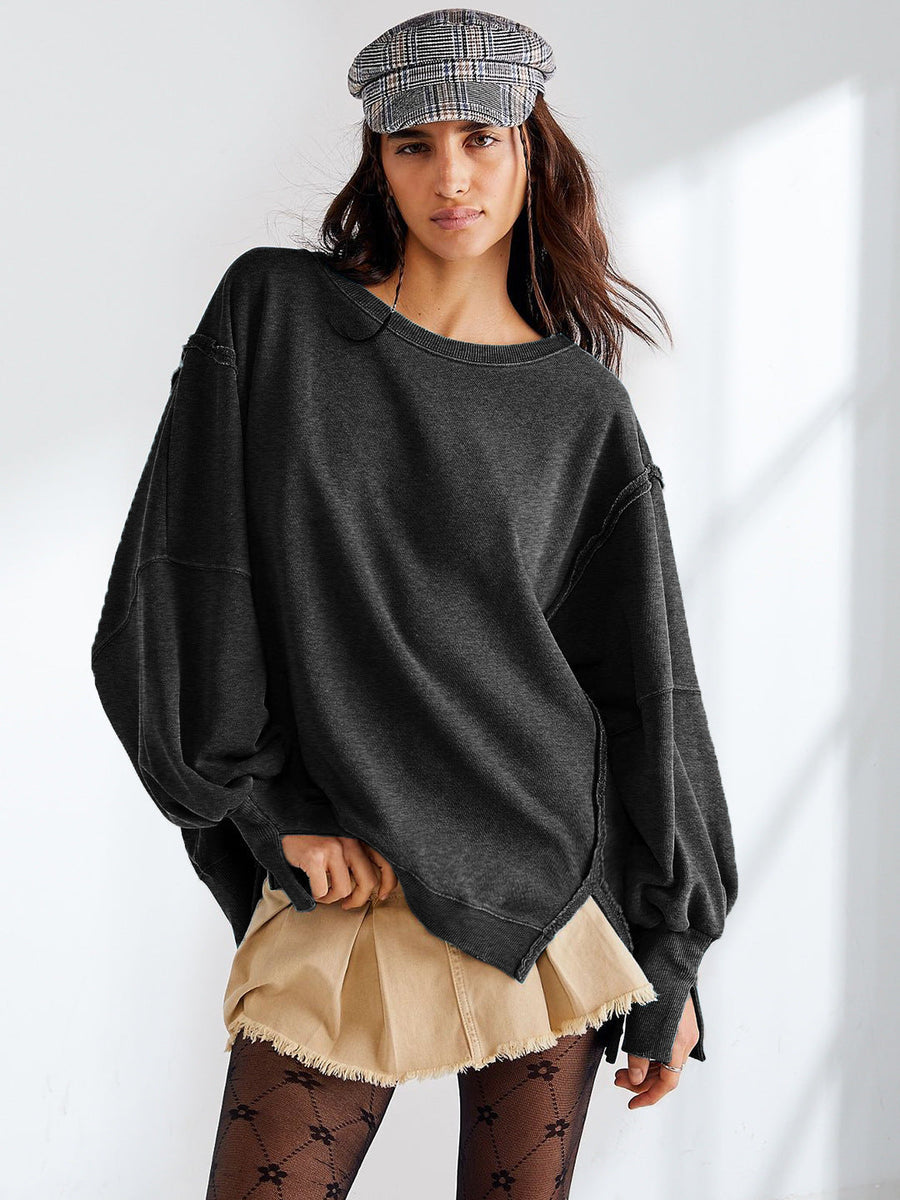 Yuvarlak Yaka Bol Kesim Yıpranmış Sweatshirt