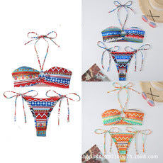 Baskılı Antik Stil Askılı Asılı Boyun Bikini