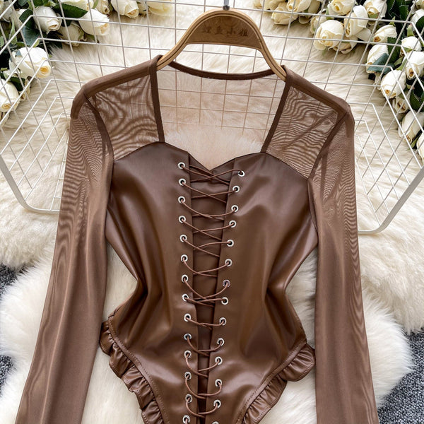 Düz Bağcıklı PU Ağı Mesh Patchwork Üst