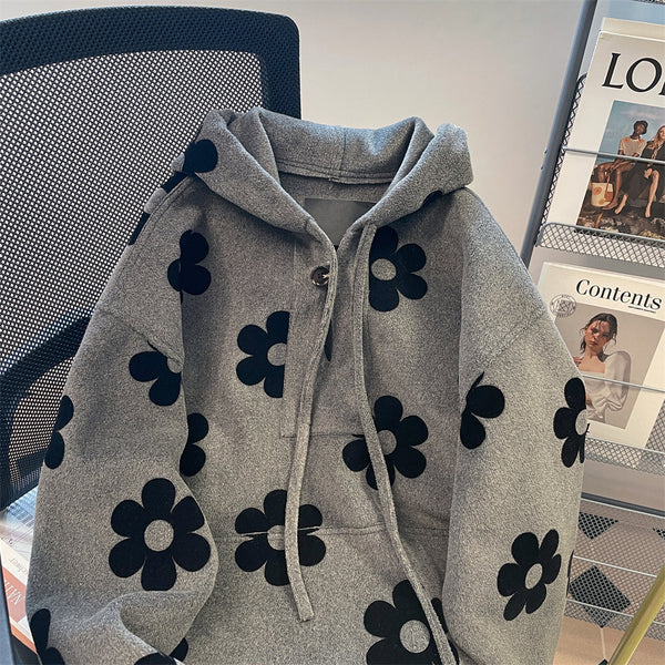 Siyah Çiçekli Gri Lambswool Kapüşonlu Sweatshirt