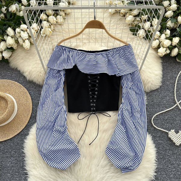 Omuz Açık Çizgili Patchwork Üst