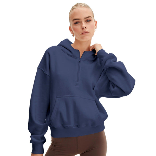 Moda Yarım Fermuarlı Kapüşonlu Sweatshirt