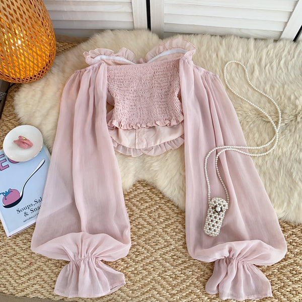Askısız Volanlı Pembe Şifon Bluz