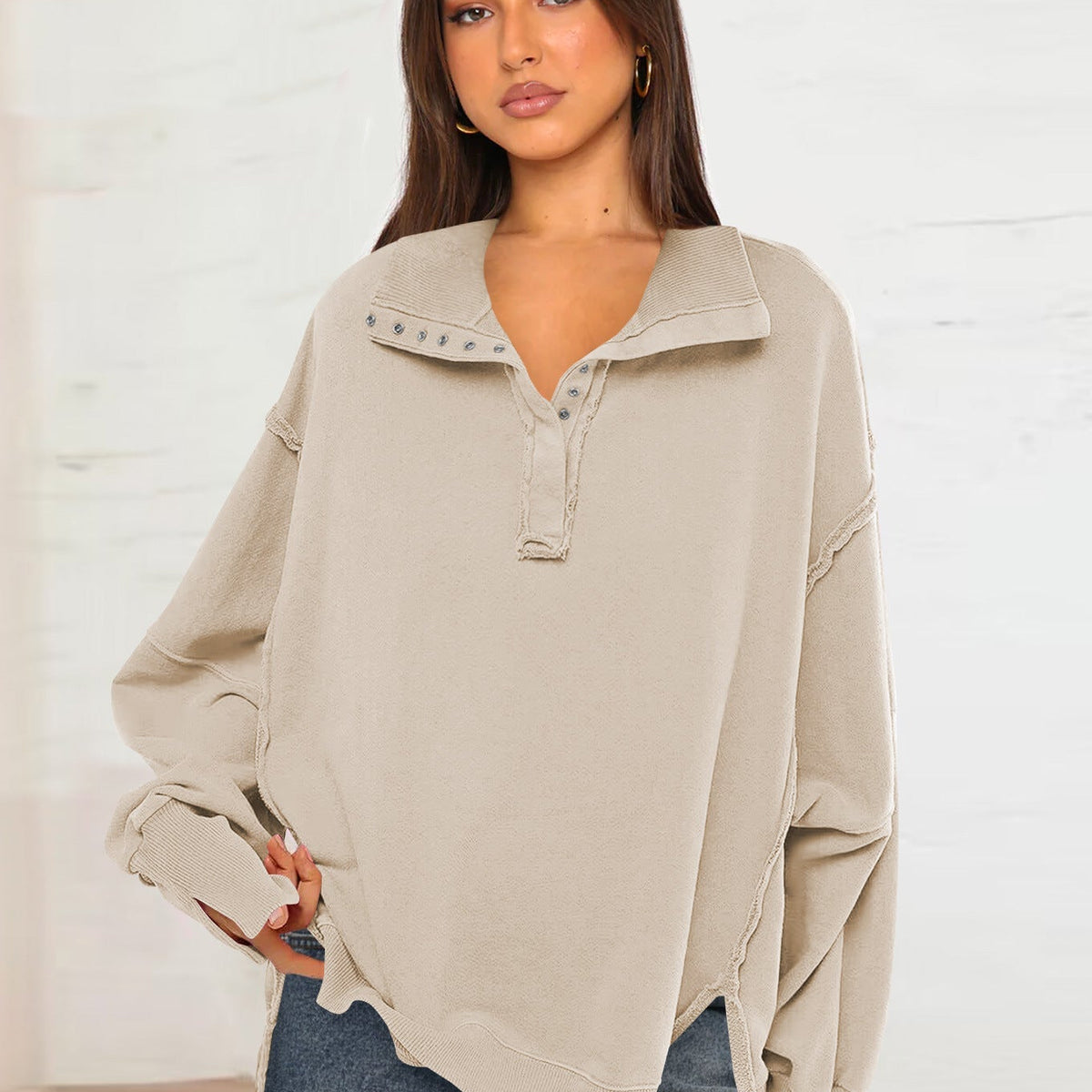 Oversize Yaka Kesik Sweatshirt