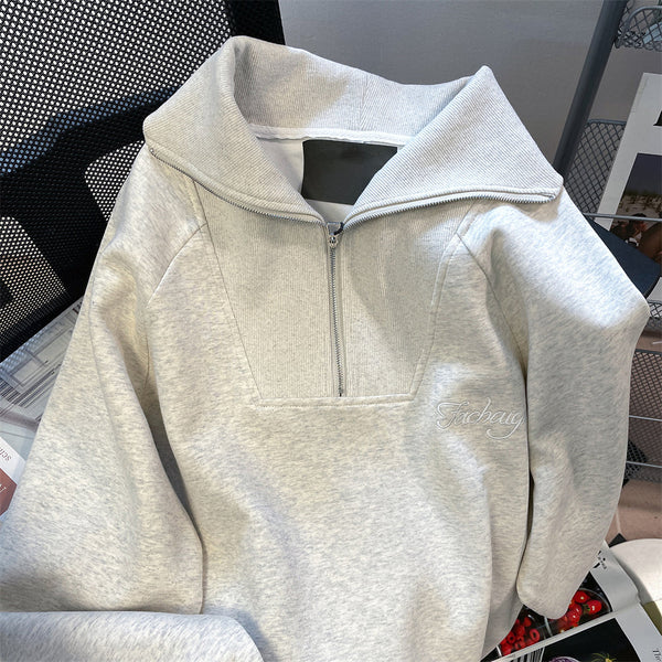 Fermuarlı Polo Yaka Bol Sweatshirt