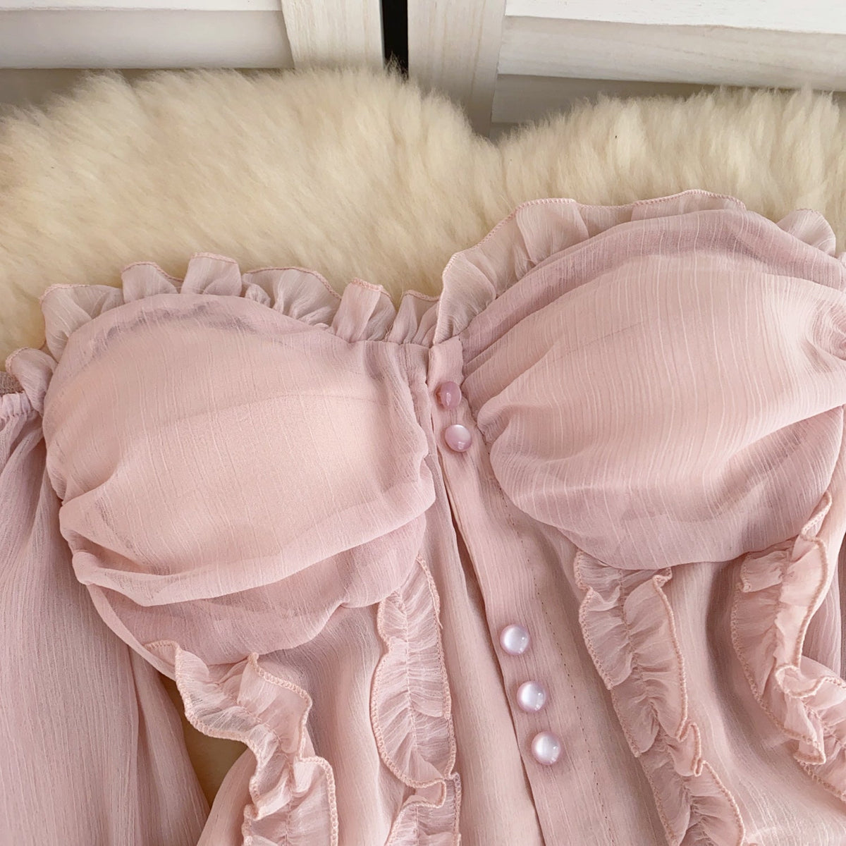 Askısız Volanlı Pembe Şifon Bluz