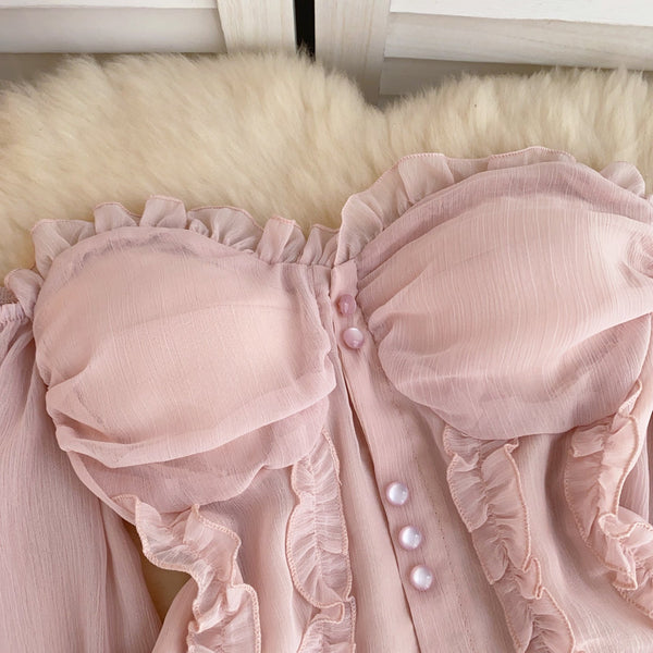 Askısız Volanlı Pembe Şifon Bluz