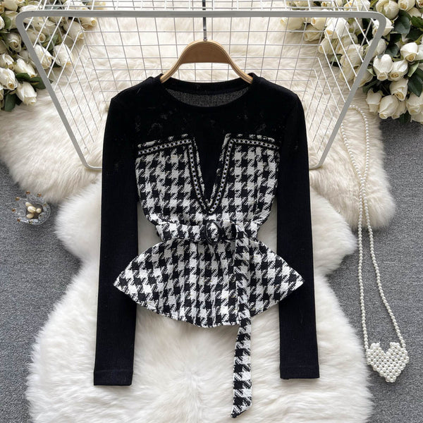 Şık Houndstooth Renk Bloklama Üst