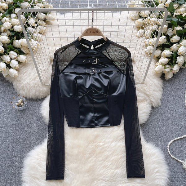 Ağı Mesh Patchwork PU Midriff Açık Üst