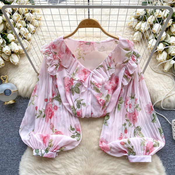 Tatlı Ruffled Şifon Çiçekli Bluz