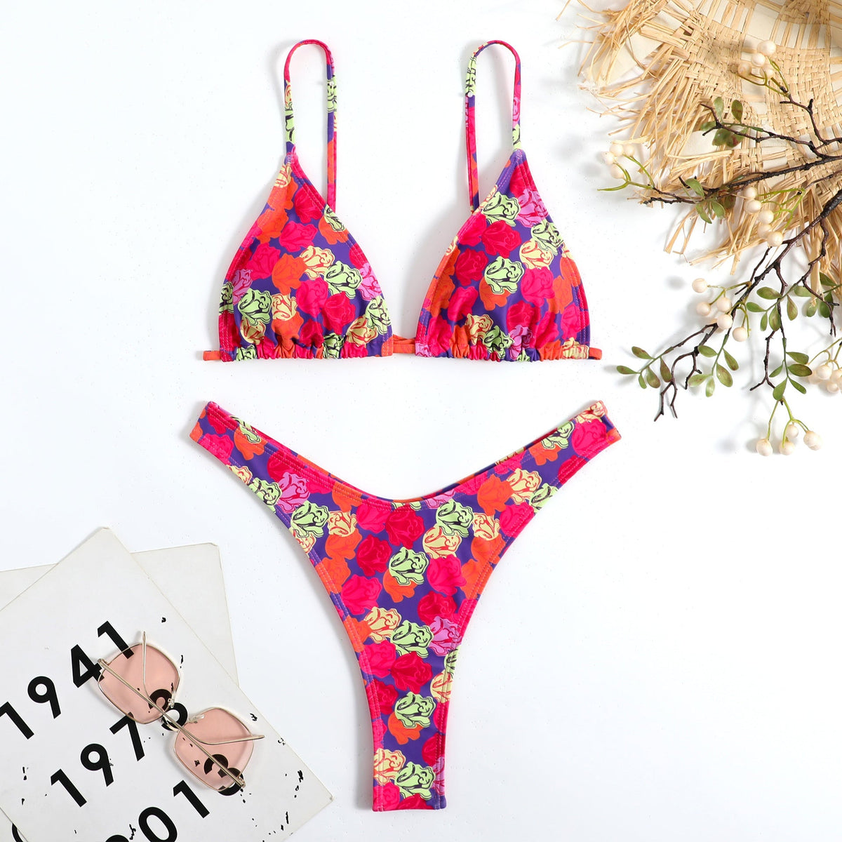 Renkli Çiçek Desenli Halter Bikini