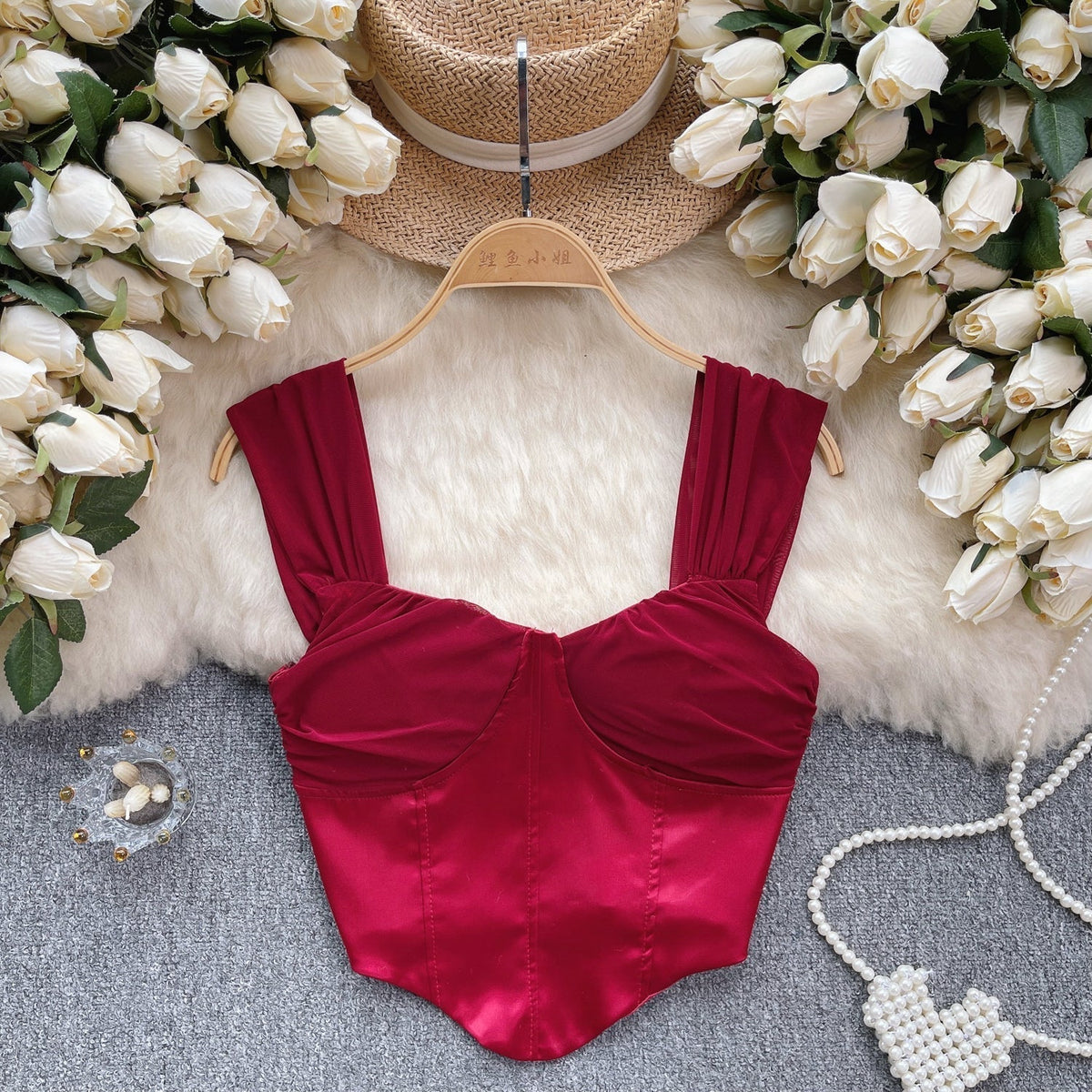 Mesh Patchwork Saten Dolgulu Askılı Bluz