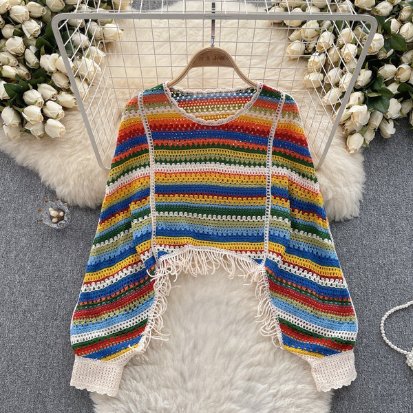 Renkli Çizgili Boşaltılmış Fringed Triko